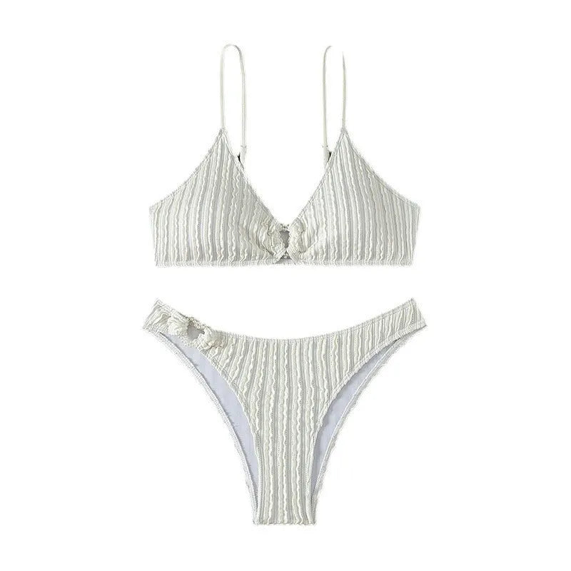 White women's V-neck swimsuit with split shorts for beach swimming