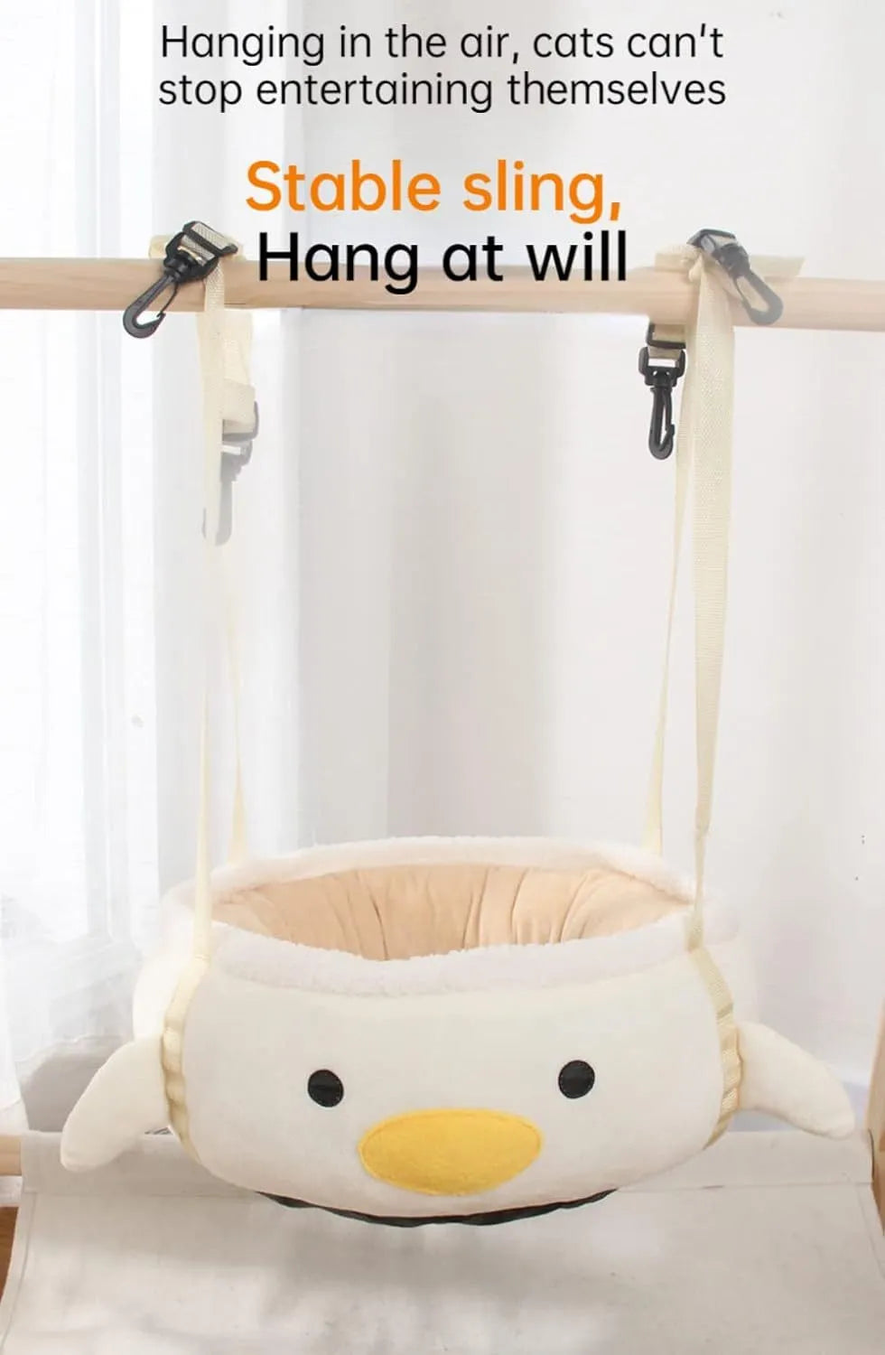 Green dinosaur and chick shaped cat bed shown both as a flat sofa and hanging as a hammock.
