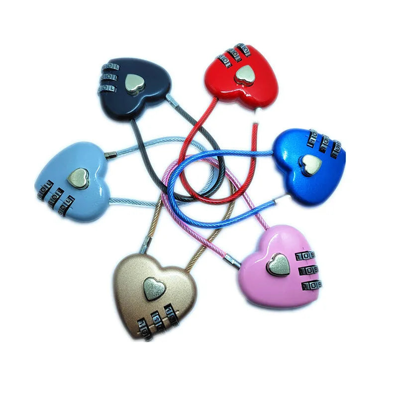 Peach heart love lock with long wire rope for bicycle helmet security in black colour on a white background