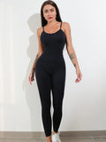 Women's black sleeveless jumpsuit with spaghetti straps and a backless design