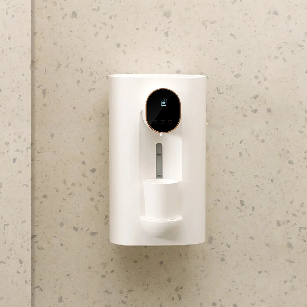 Automatic mouthwash dispenser in milky white with two magnetic cups, wall mounted in bathroom, 540ml visible tank