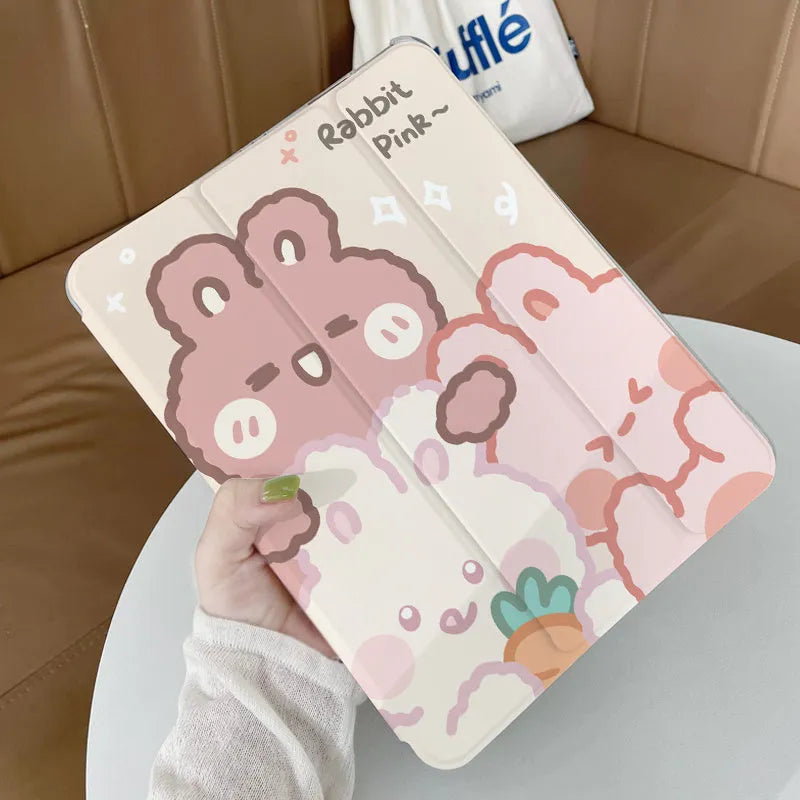 iPad silicone tri-fold protective case showing rabbit cartoon pattern design