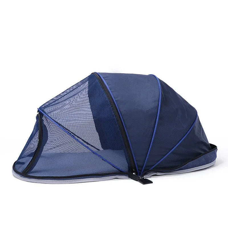 Portable cat folding tent with half mesh panels in black or blue colour options