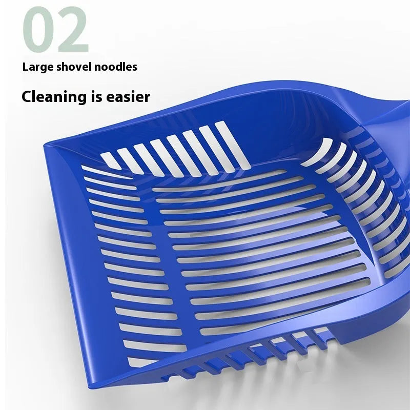 Plastic cat litter scoop in red, yellow or blue colours showing small and medium size options