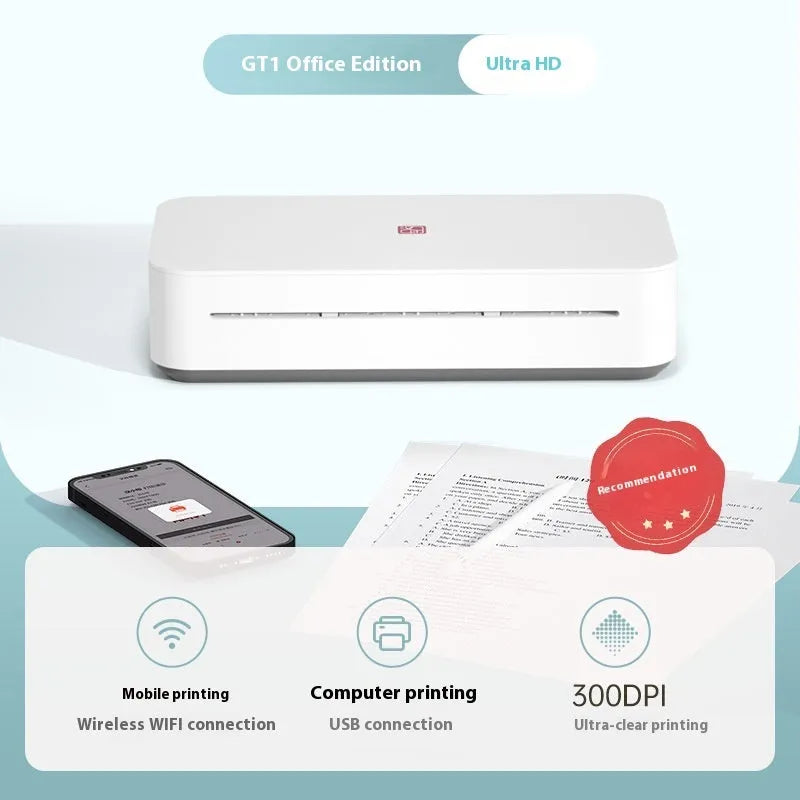 Small white plastic intelligent remote learning printer with a ribbon cartridge on a home desk.