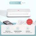 Small white plastic intelligent remote learning printer with a ribbon cartridge on a home desk.