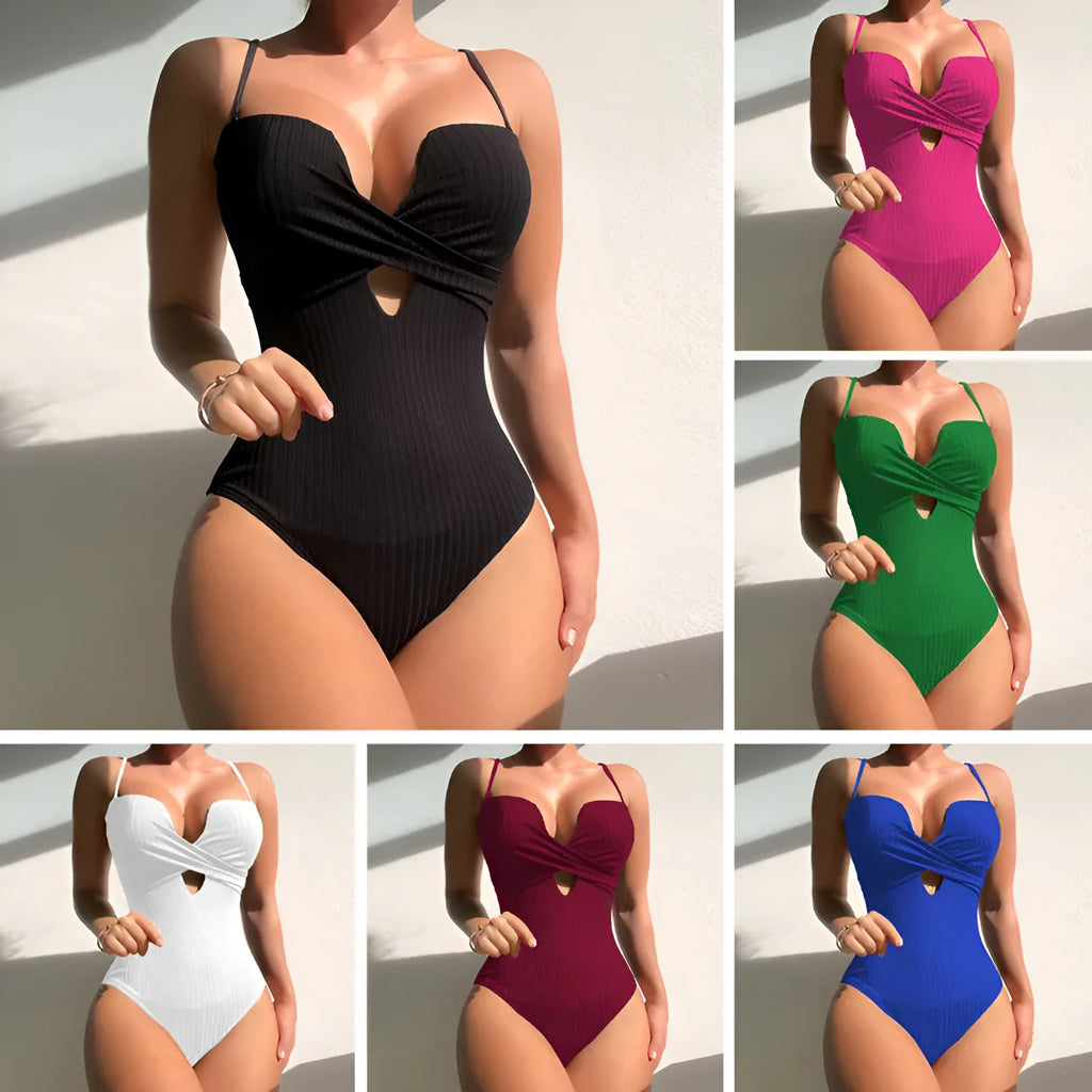 Women's solid colour one-piece swimsuit in polyester available in burgundy, white, or rose red
