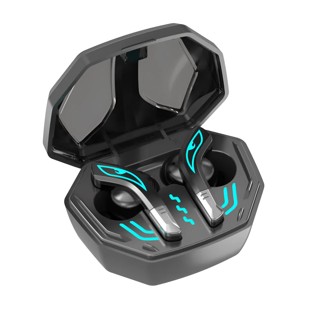 X15 wireless in-ear gaming Bluetooth headset in black with charging case and cable