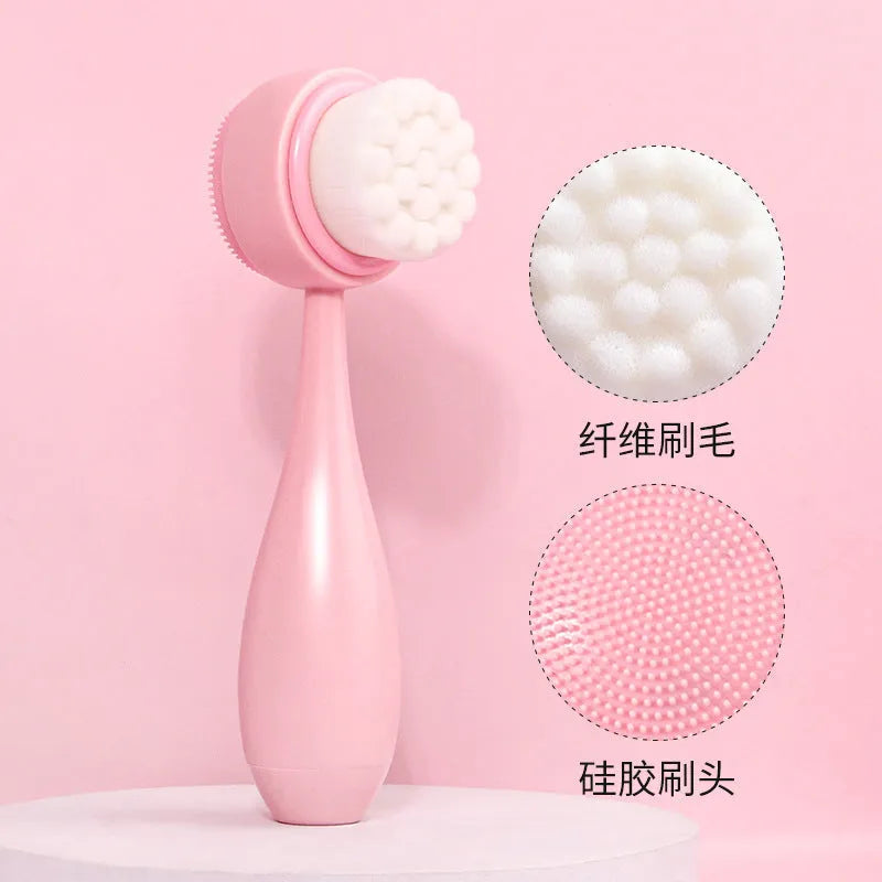 Three-piece facial brush set with coral fleece hair band and nylon bristle brushes in purple, grey, white, pink colours