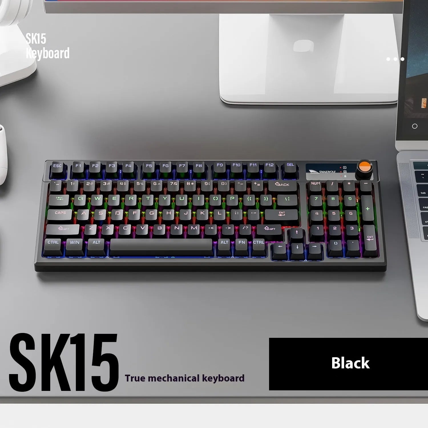 SK15 wired mechanical keyboard with control knobs in Autumn Water Blue colour for laptop gaming