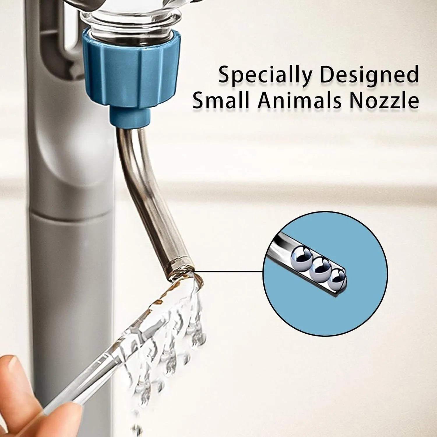 Blue small animal water bottle attached to cage bars with rotatable drinking nozzle