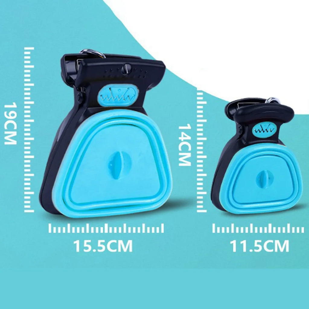Blue handheld dog poop scooper with expandable container and integrated bag dispenser, shown with a carabiner clip.