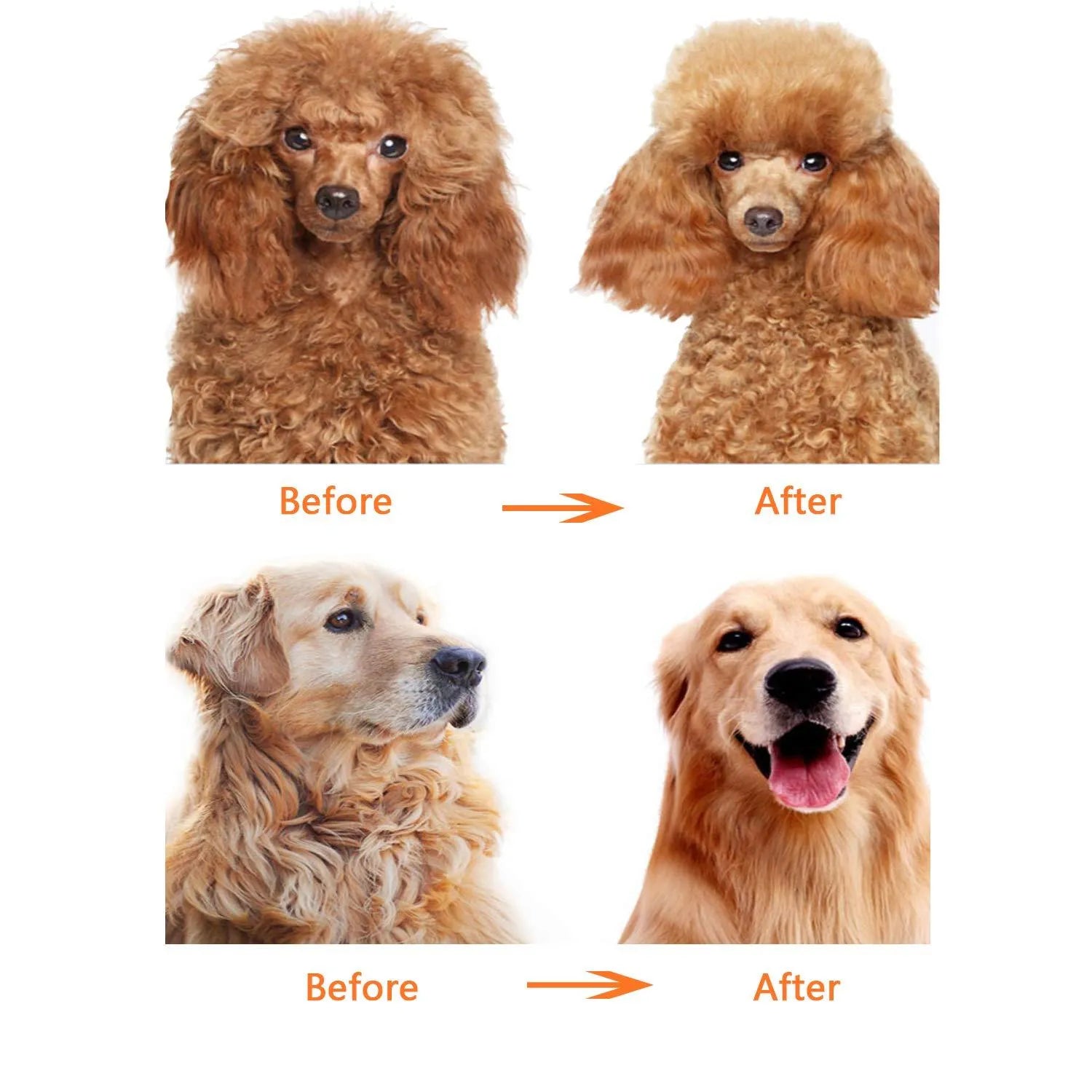 Red plastic-handled pet comb with both short and long stainless steel pin teeth for detangling fur.