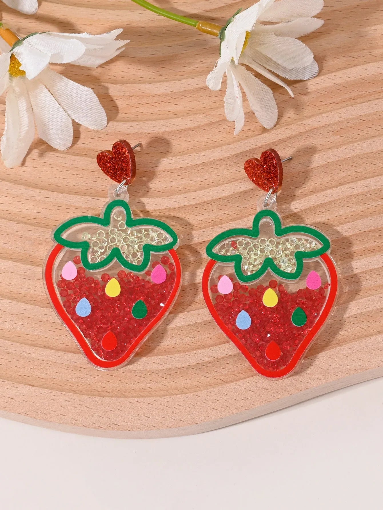 Colourful acrylic fruit earrings for women featuring cherry, strawberry, watermelon, and pineapple shapes, dangle style