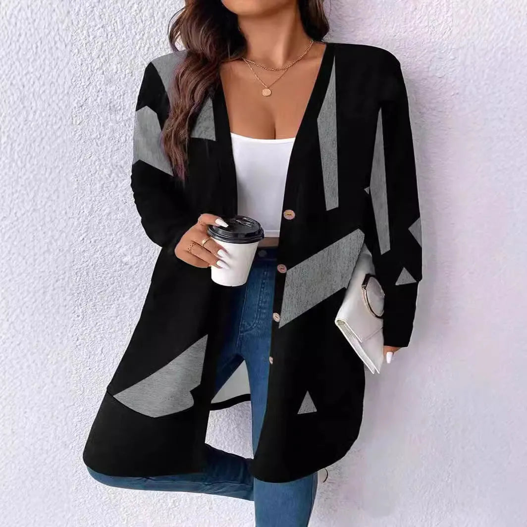 Black plus size cardigan coat with button stitching printing and loose casual fit