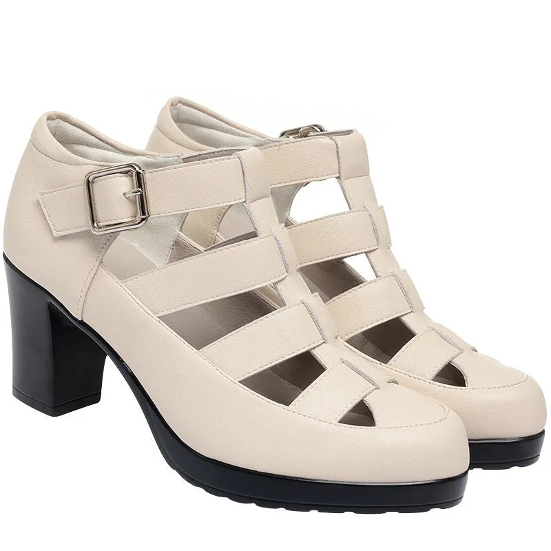 Closed toe chunky heel sandals for women, woven hollowed upper, ankle strap, beige colour, side view