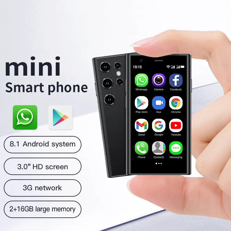 S23PRO XS15 mini smartphone in black, green, or pink purple colour showing straight plate design.