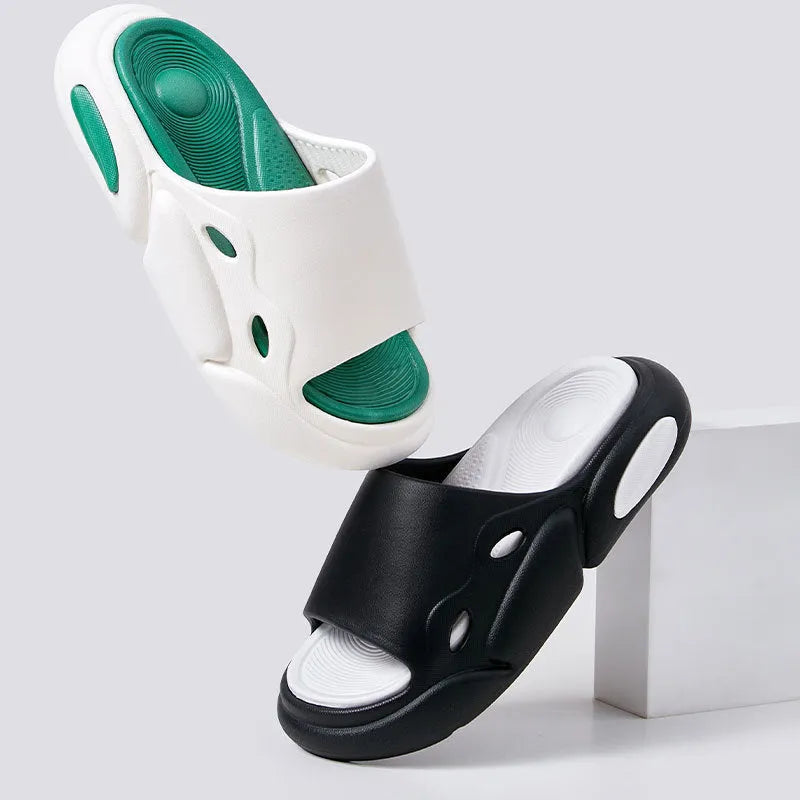 Two-colour thick-soled EVA slippers with leather lining in pink purple, white green, and black white colour options