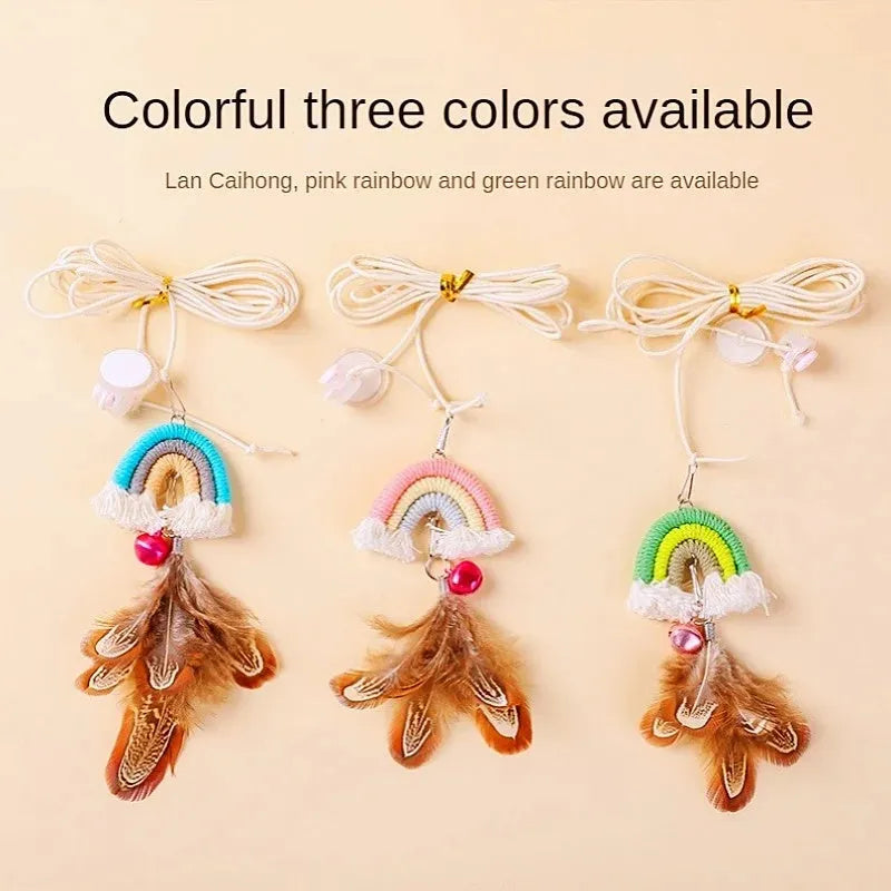 Cat toy with feather rope hanging from door using elastic and sticky buckle clamp, available in Blue, Green, and Pink