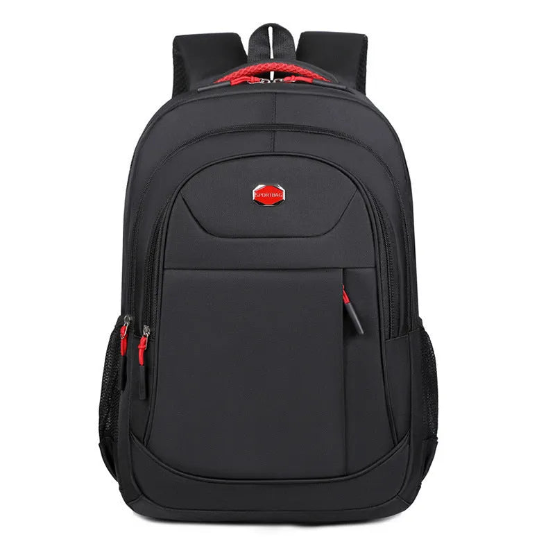 Solid colour Oxford cloth multi-layer backpack with curved shoulder straps in black, blue, green, and red