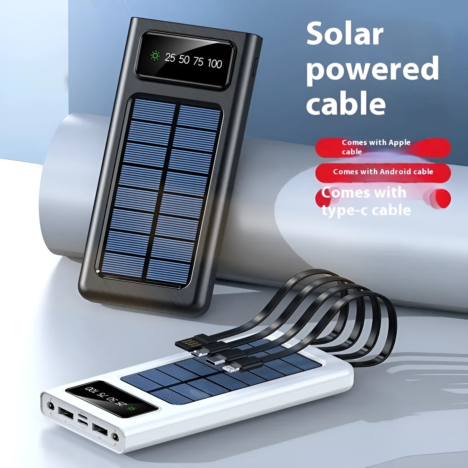 Black solar power bank 20000 MA with cable for mobile phones, plastic shell creative design