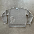 Grey jacquard loose-fitting knitwear coat with long sleeves on hanger