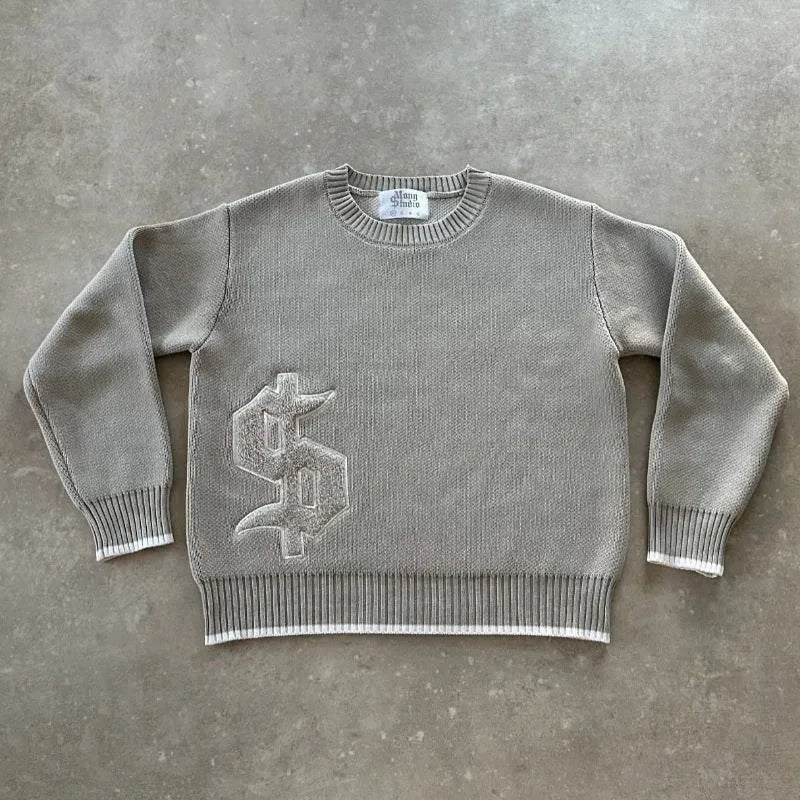 Grey jacquard loose-fitting knitwear coat with long sleeves on hanger