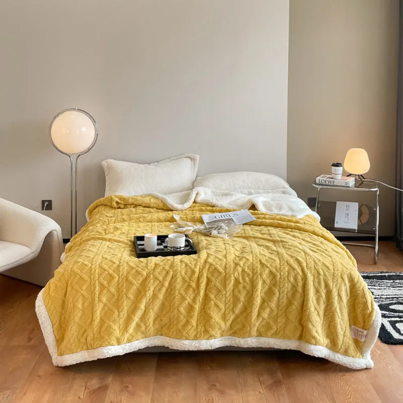 180x200cm thermal polyester blanket in tea green colour on a bed