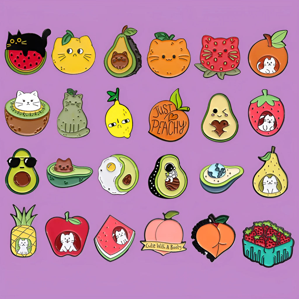 Colourful cartoon fruit shaped letter brooch made from metal zinc alloy with a pin back.
