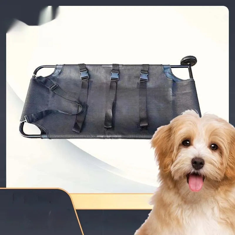 Large black foldable aluminium alloy dog stretcher with carrying handles for emergency pet transport.