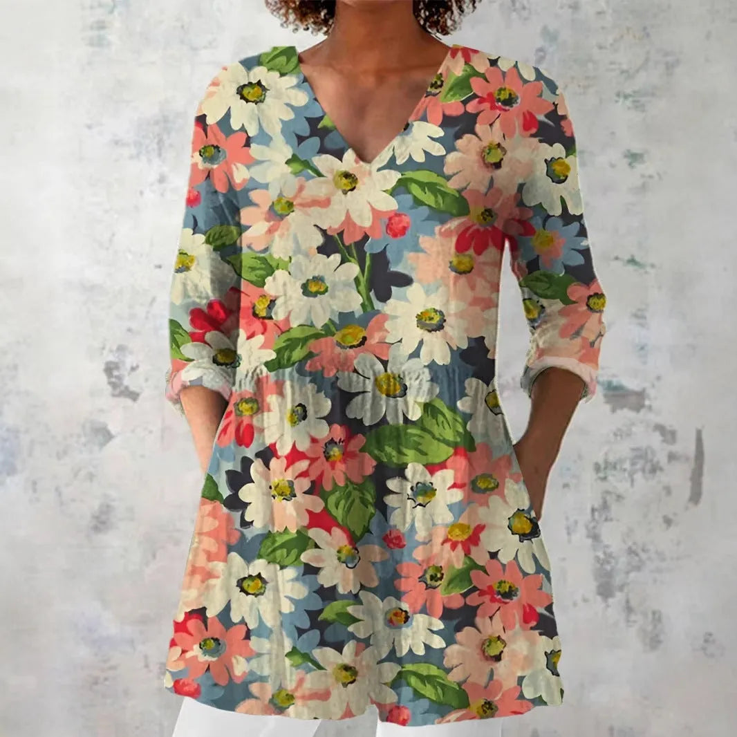 Women's slim fit retro print long sleeve top in polyester, shown in one of twelve available colour styles.