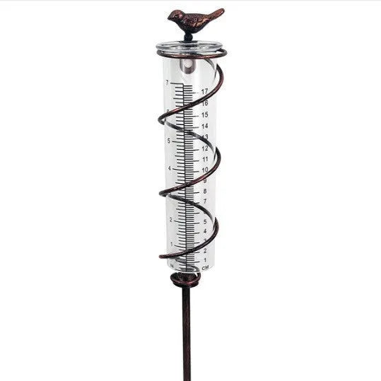 Garden rain gauge with cast iron bird decoration showing 0-800ml measurement scale
