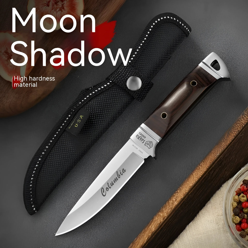 Camping portable fruit knife in stainless steel with leather case.