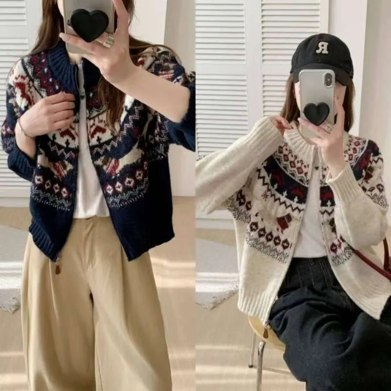 Ethnic style jacquard pullover sweater with 3D pattern in apricot colour showing round neck and long sleeves