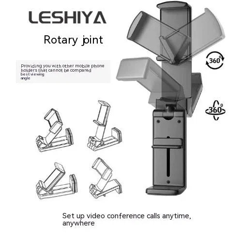 Foldable rotating universal phone holder in black, green, and grey colours on a desk.