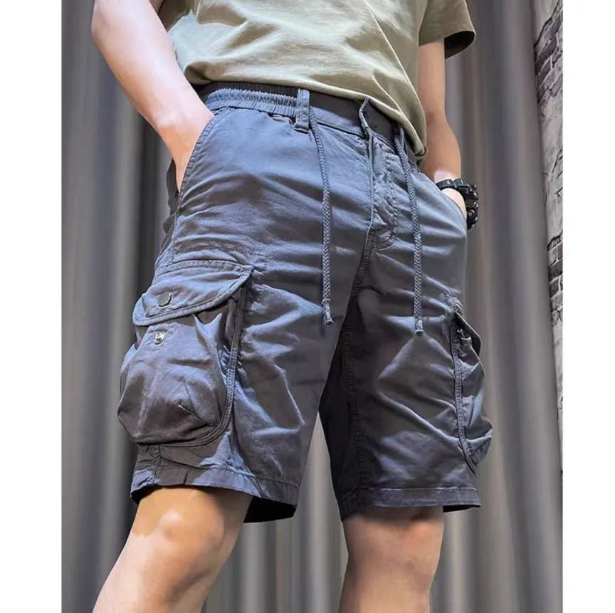 Korean-style loose straight overalls trousers with multiple pockets in polycotton fabric