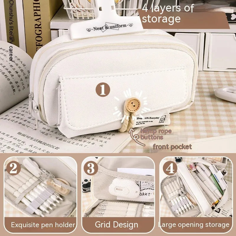 Canvas button pencil case in green colour showing large capacity for approximately 80 pens with Korean style design