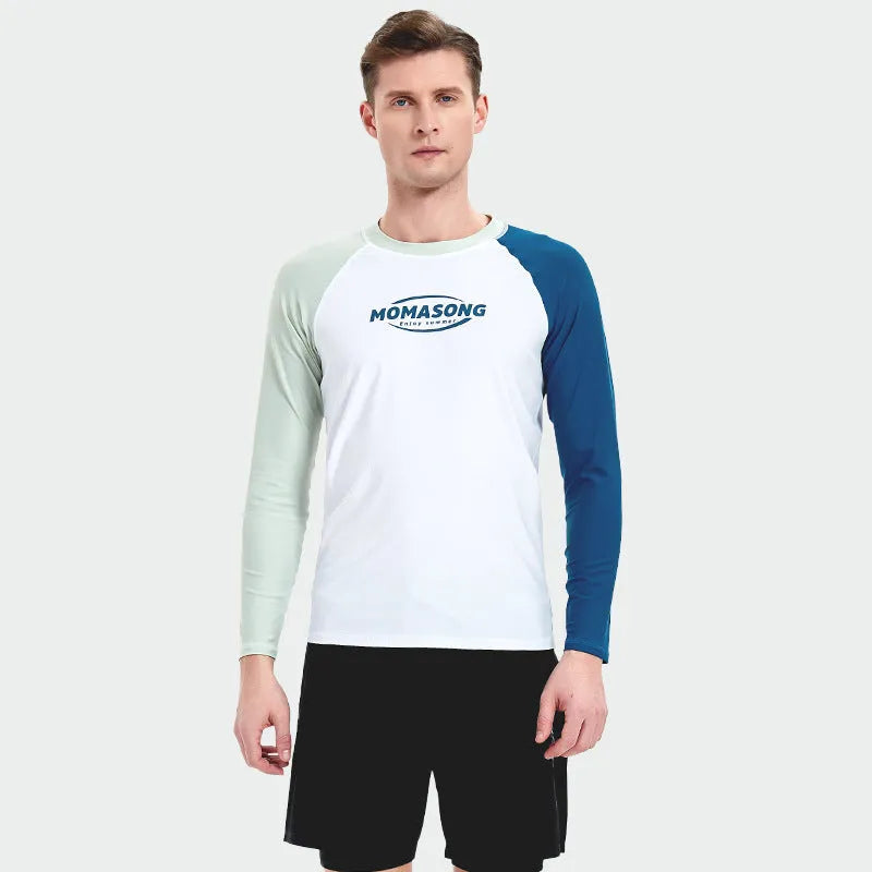 Men's white top long sleeve swimsuit with matching double layer beach swim trunks