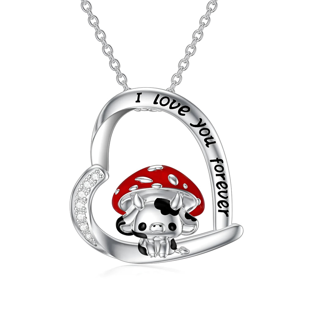 925 sterling silver cow necklace with mushroom hat pendant on love heart, silver, 18-inch cable chain