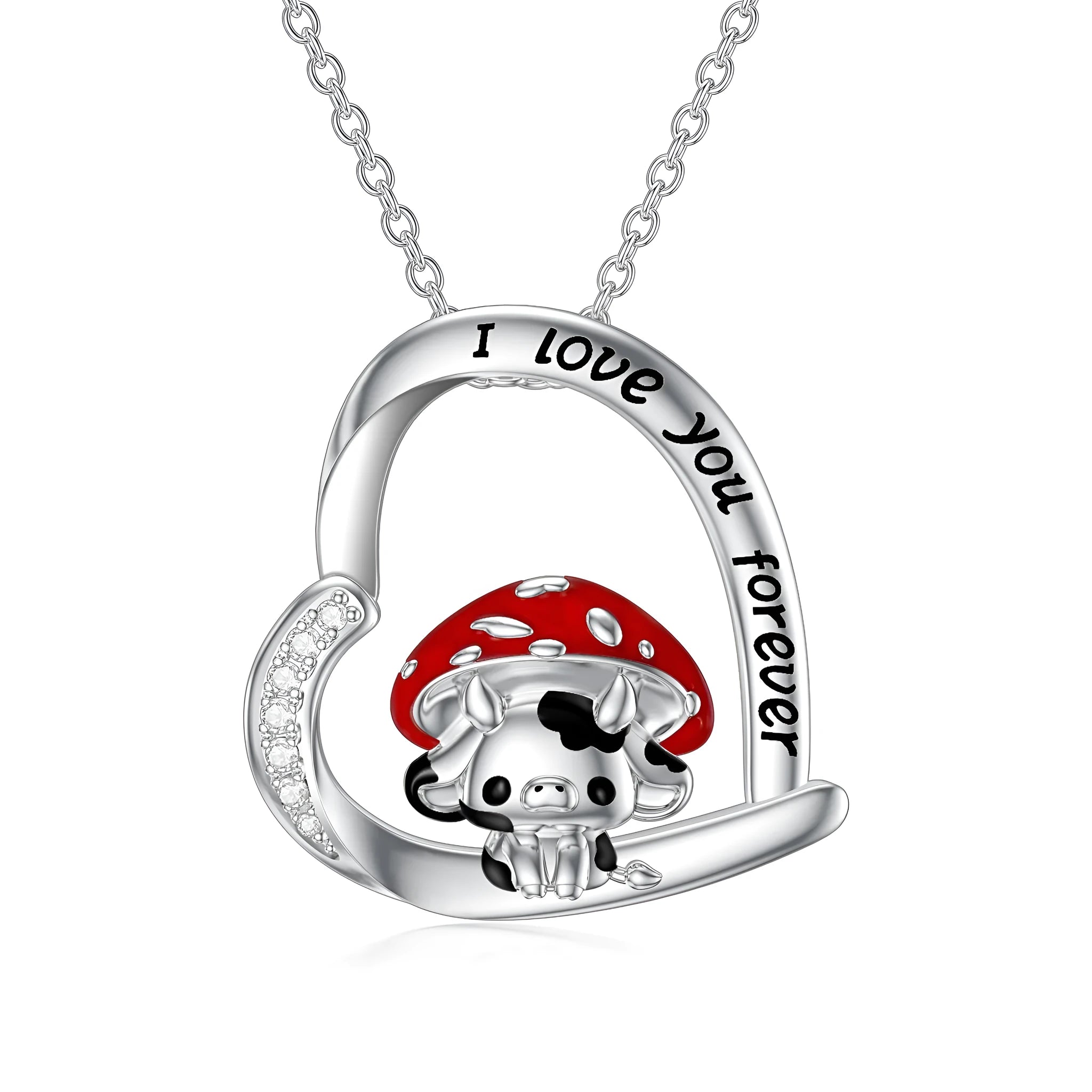 925 sterling silver cow necklace with mushroom hat pendant on love heart, silver, 18-inch cable chain