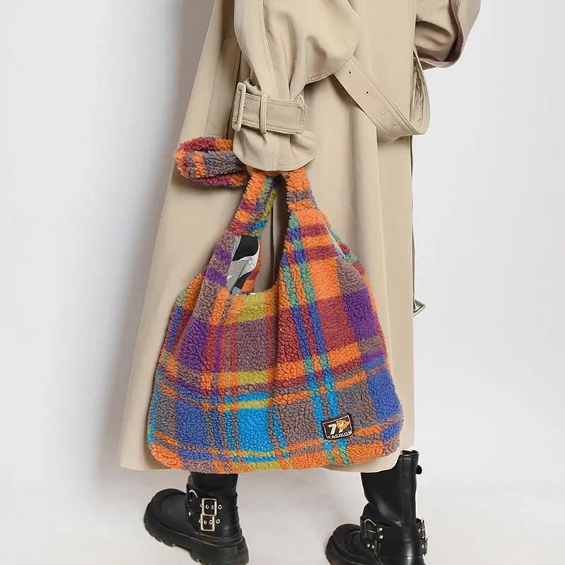 Women's plaid shoulder crossbody tote bag in Army Green colour showing soft plush material and underarm strap design