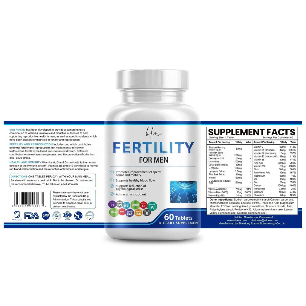 Bottle of male fertility tablets with 60 tablets for reproductive support