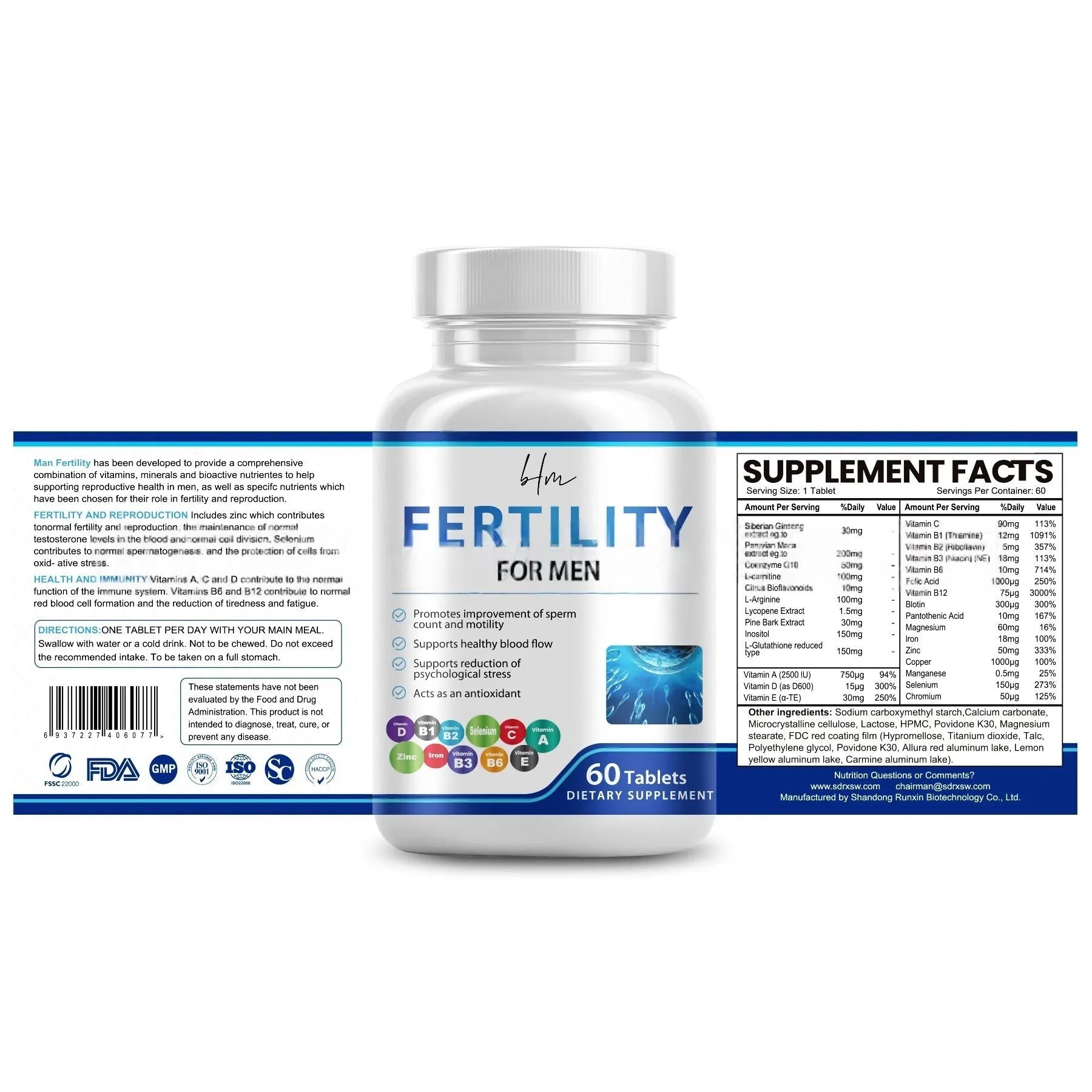 Bottle of male fertility tablets with 60 tablets for reproductive support