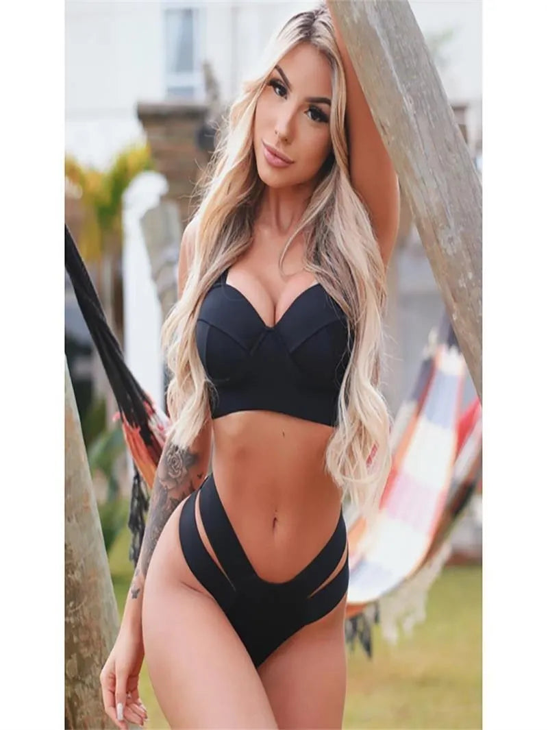 Women's rose red bikini swimsuit with push-up padding on a mannequin, showing front and back views.