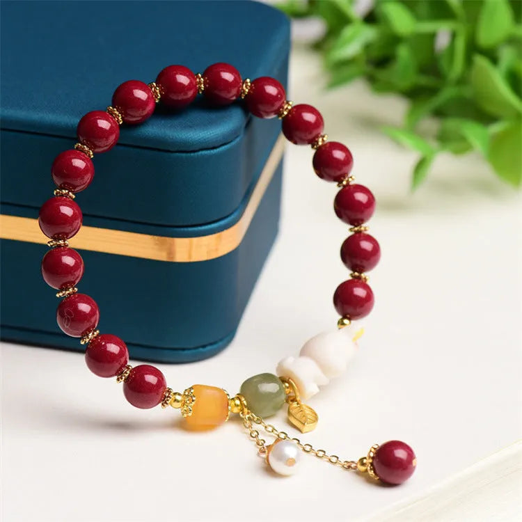 Tian Yu natural cinnabar bracelet with bunny rabbit design, 8mm or 10mm beads for women