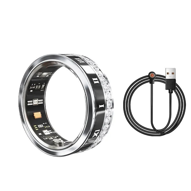 Silver and gold diamond inlaid smart rings for adults showing wearable technology on finger.