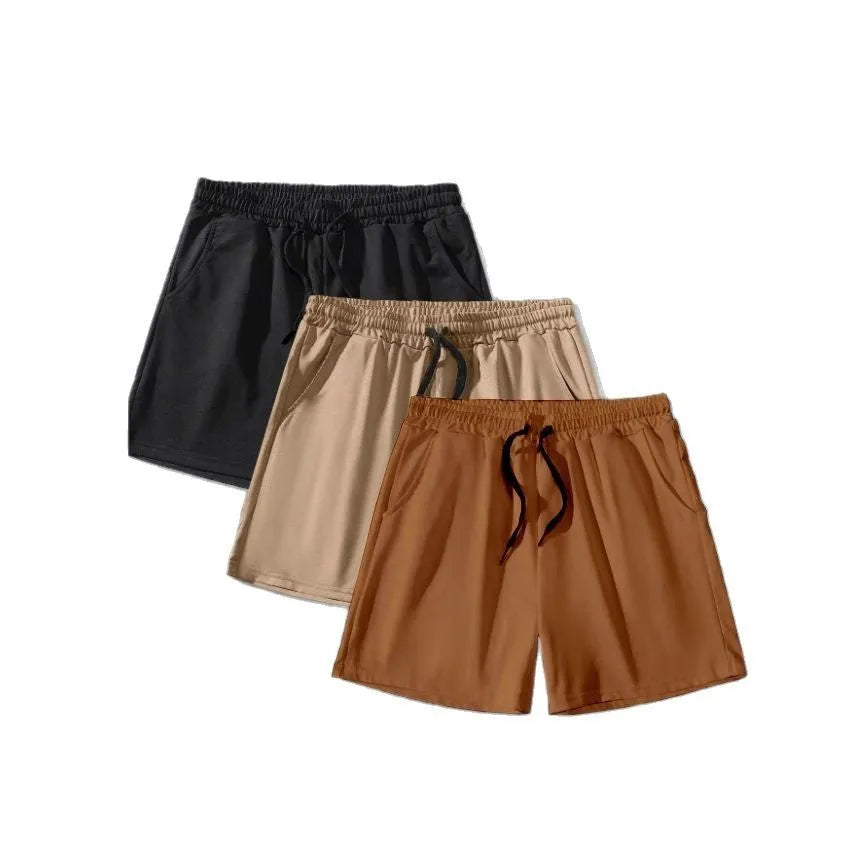 Men's three-piece drawstring shorts set in black, khaki and light brown colours