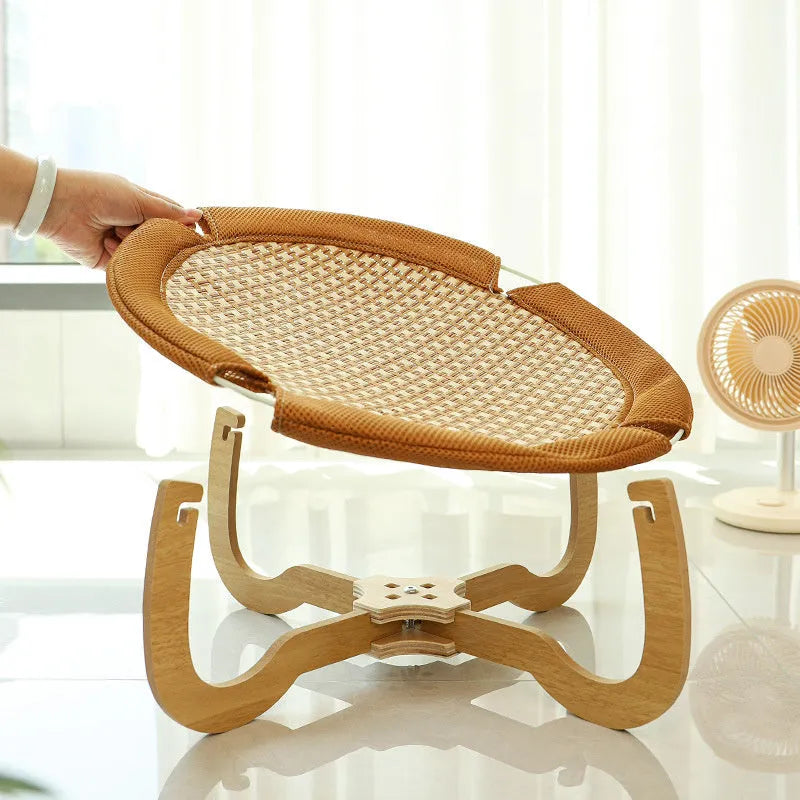 Brown woven rattan pet bed measuring 46 cm square with raised sides for cats and small dogs