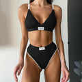 Female bikini set with embroidery and contrast colour binding letters in black, grey, or white