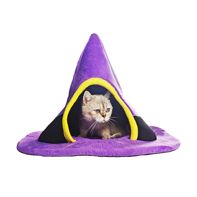 Purple witch hat shaped cat bed for Halloween, dimensions 60cm by 45cm.